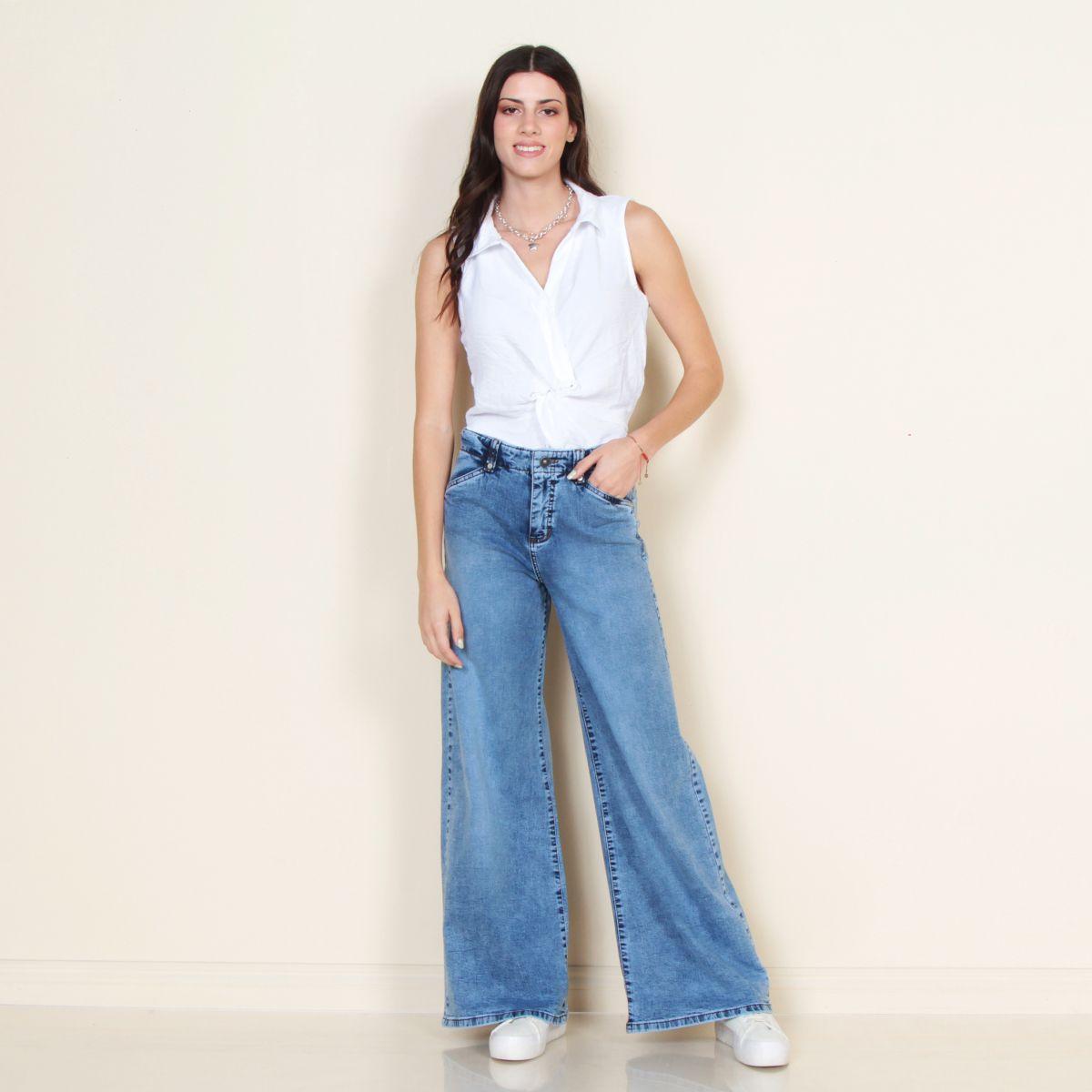 Jeans Wide Leg Tiro Alto  Pretina Interna 1 Boton Bolsillo Huaso-3