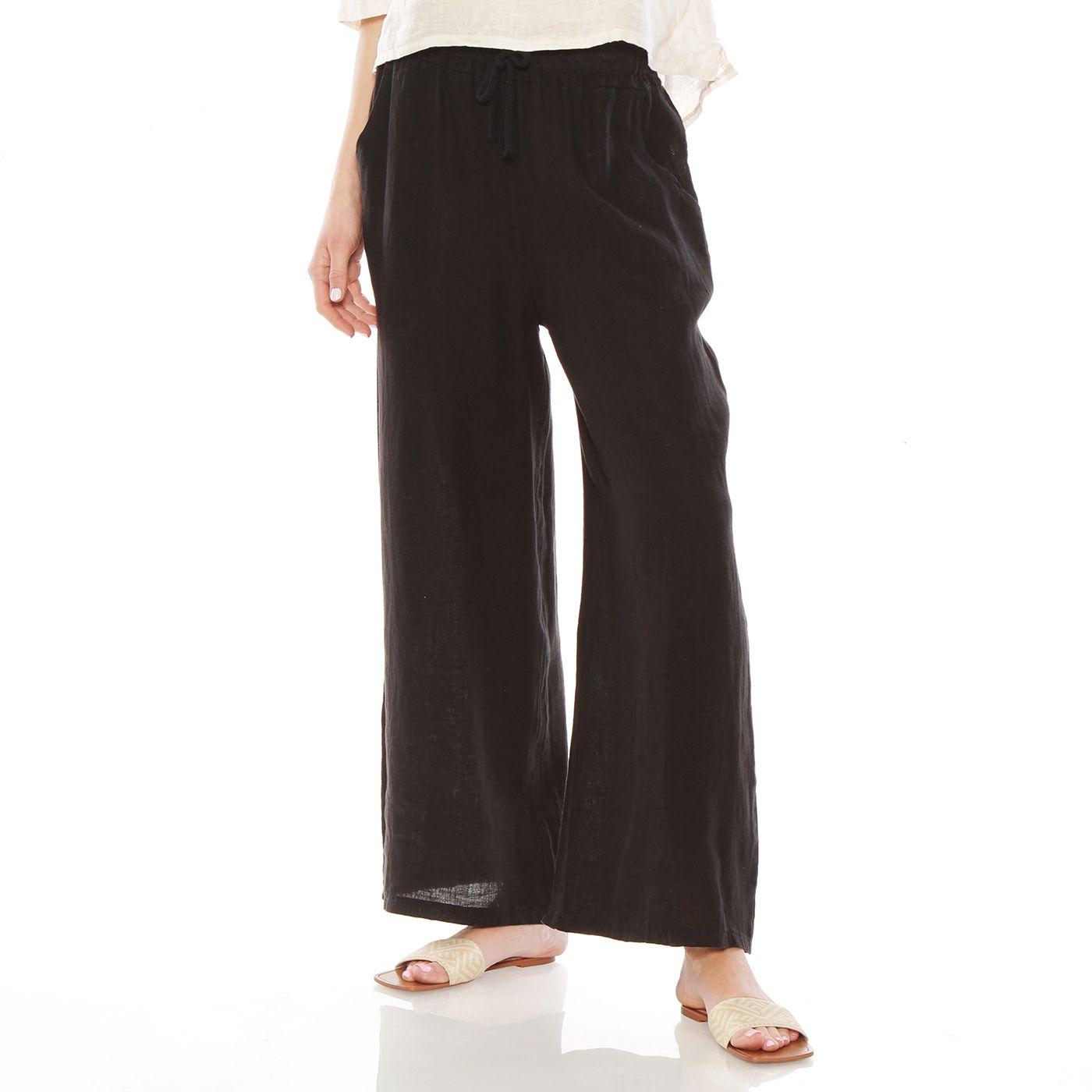 Patalon Lino Wide Leg Tiro Alto Pretina Elasticada Con Bolsillo-0