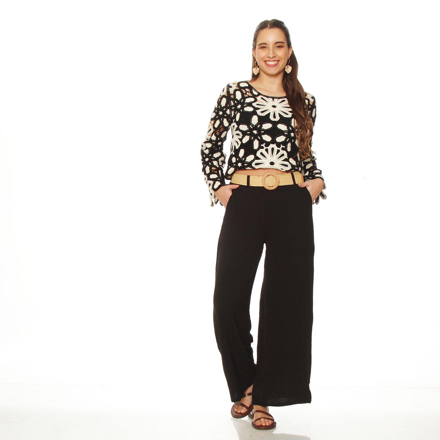 Pantalon Wide Leg Tiro Alto Pretina  Basica  Con Cinturon-3