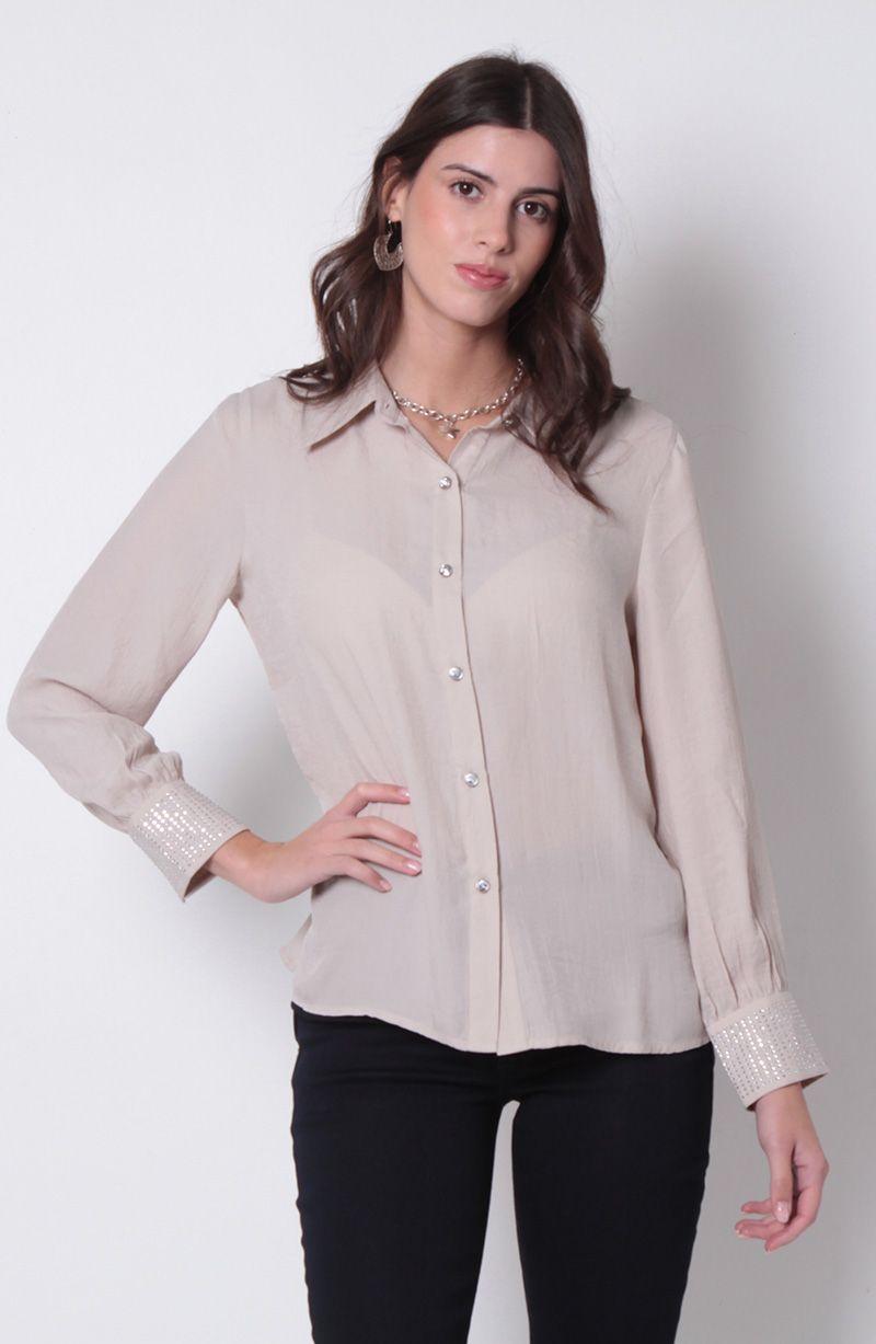 Blusa Manga Larga Abotonada En Delantero Con Aplicacion En Punos-0