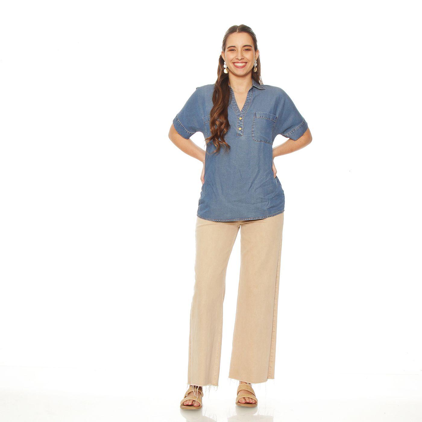 Blusa  Manga  Corta Tencel   Escote V Con  Bolsillos-3