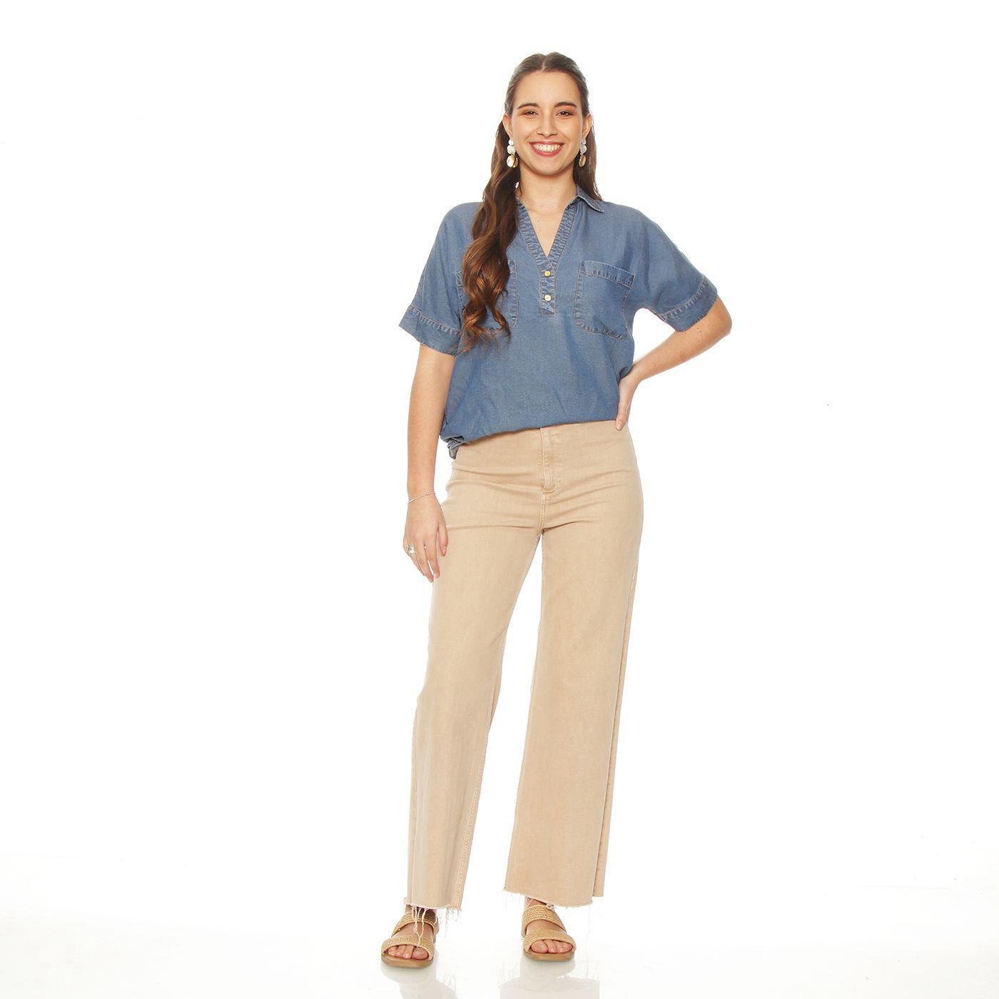 Blusa  Manga  Corta Tencel   Escote V Con  Bolsillos-4