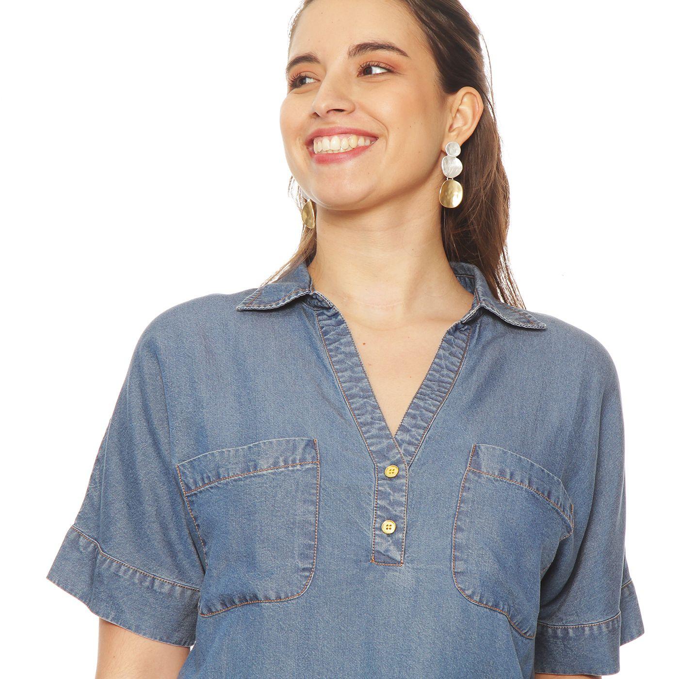 Blusa  Manga  Corta Tencel   Escote V Con  Bolsillos-7