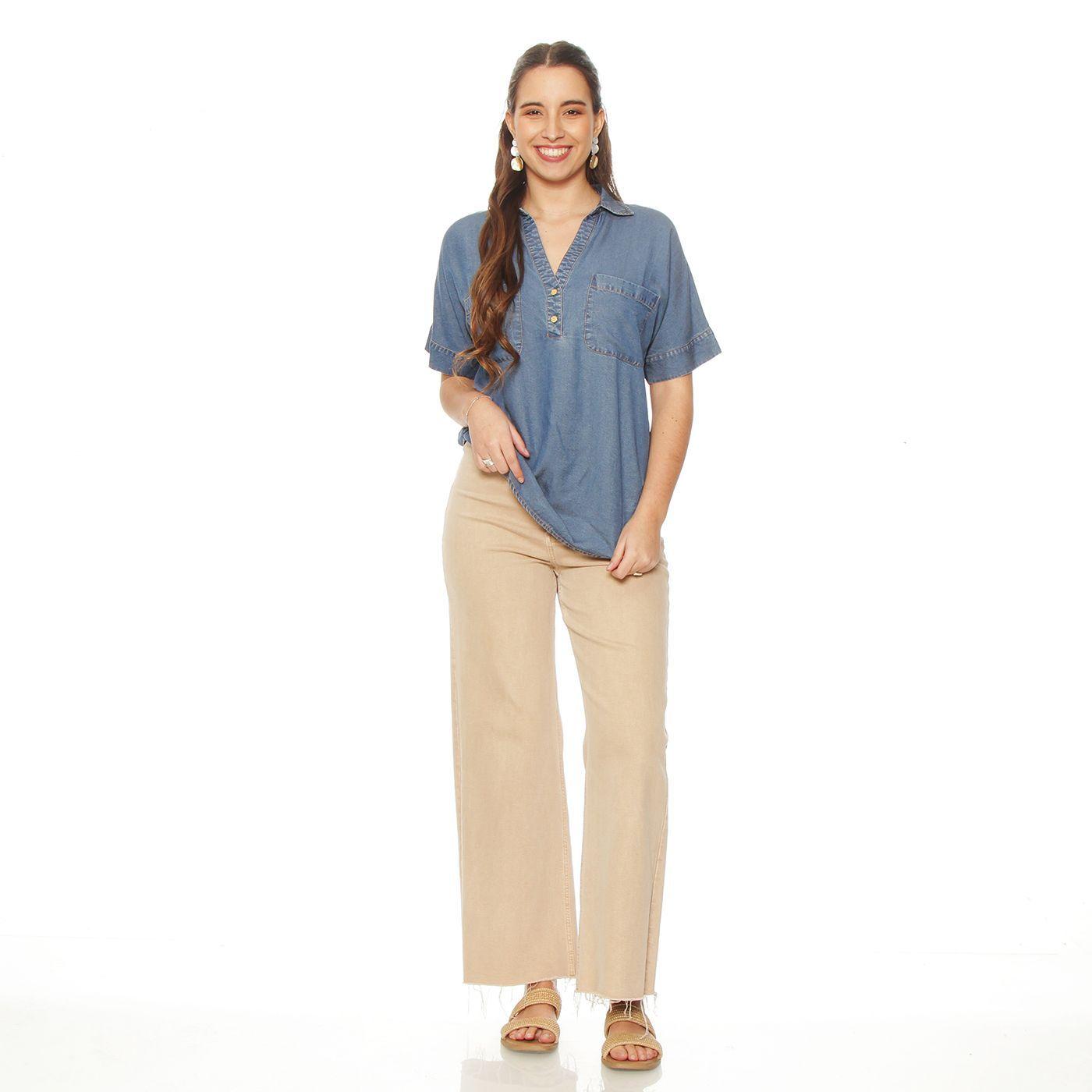 Blusa  Manga  Corta Tencel   Escote V Con  Bolsillos-2