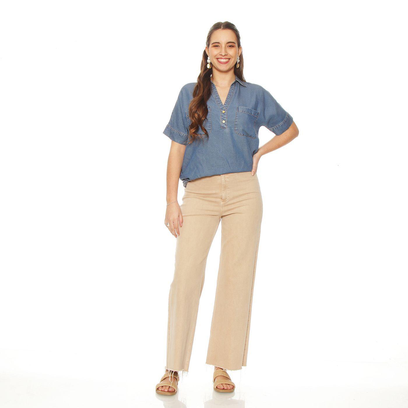 Blusa  Manga  Corta Tencel   Escote V Con  Bolsillos-4