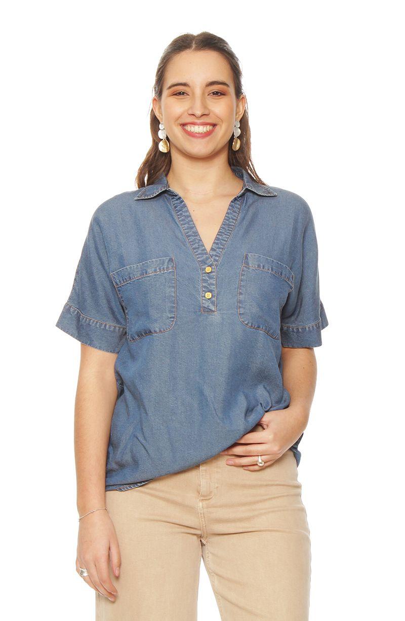 Blusa  Manga  Corta Tencel   Escote V Con  Bolsillos-0