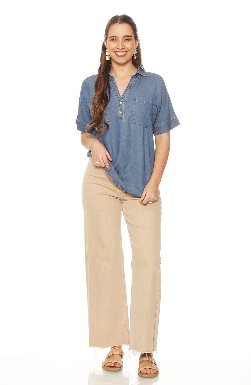 Blusa  Manga  Corta Tencel   Escote V Con  Bolsillos-2