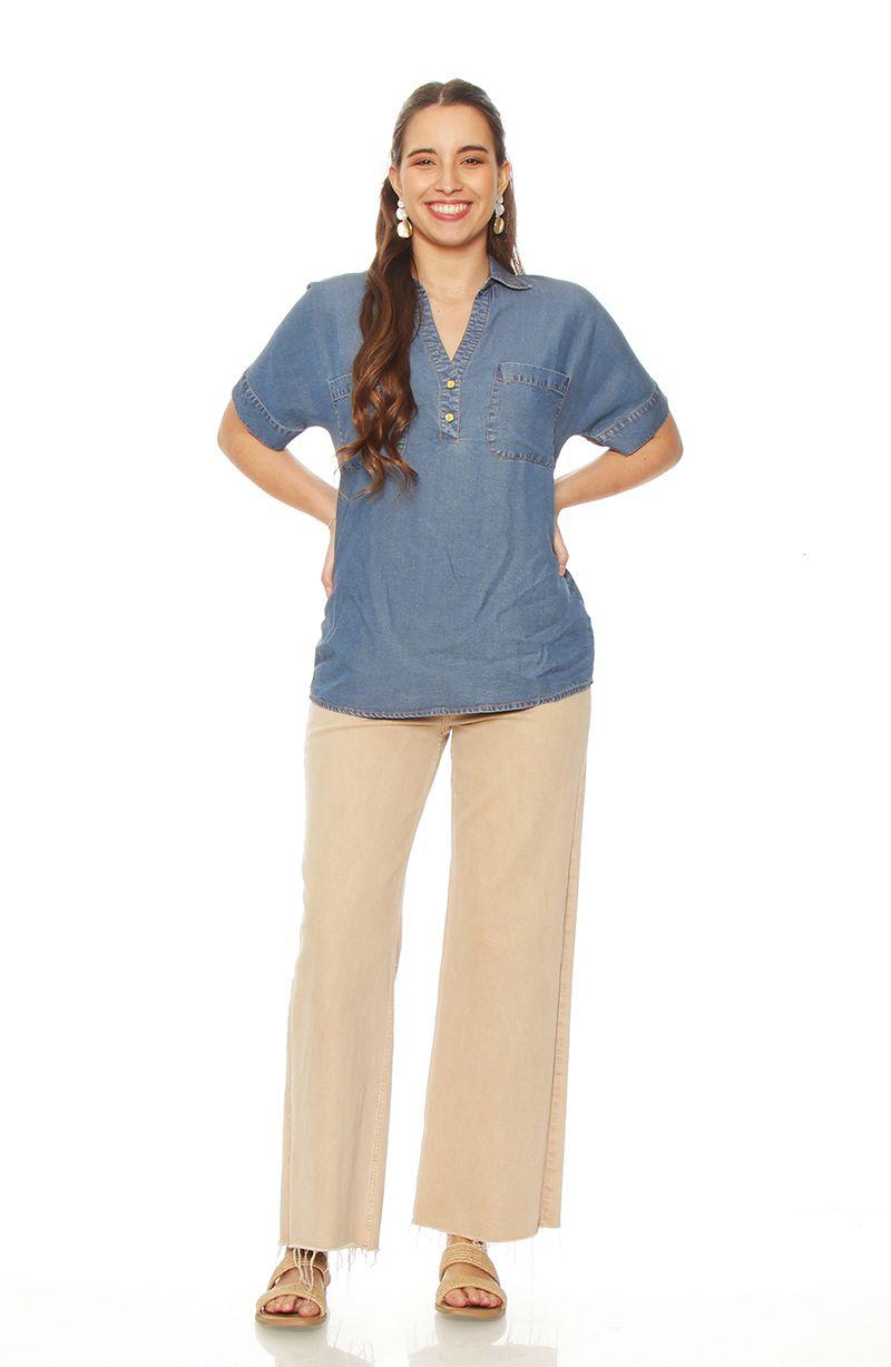 Blusa  Manga  Corta Tencel   Escote V Con  Bolsillos-3