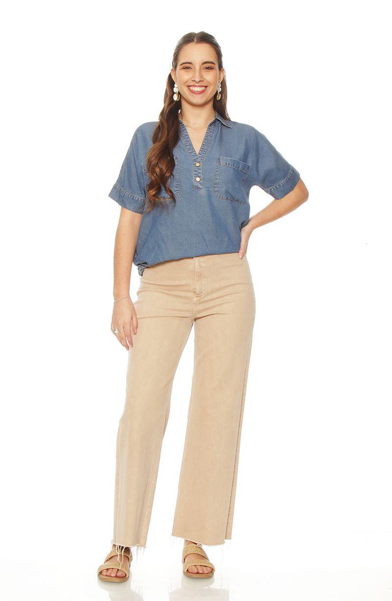 Blusa  Manga  Corta Tencel   Escote V Con  Bolsillos-6