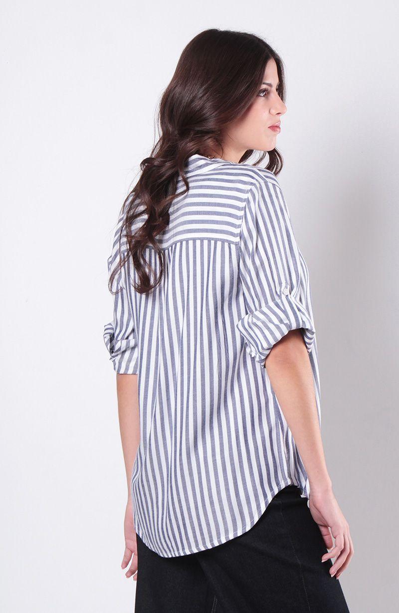 Blusa Manga Larga Listada Abotonada En Delantero Con Bolsillo-2