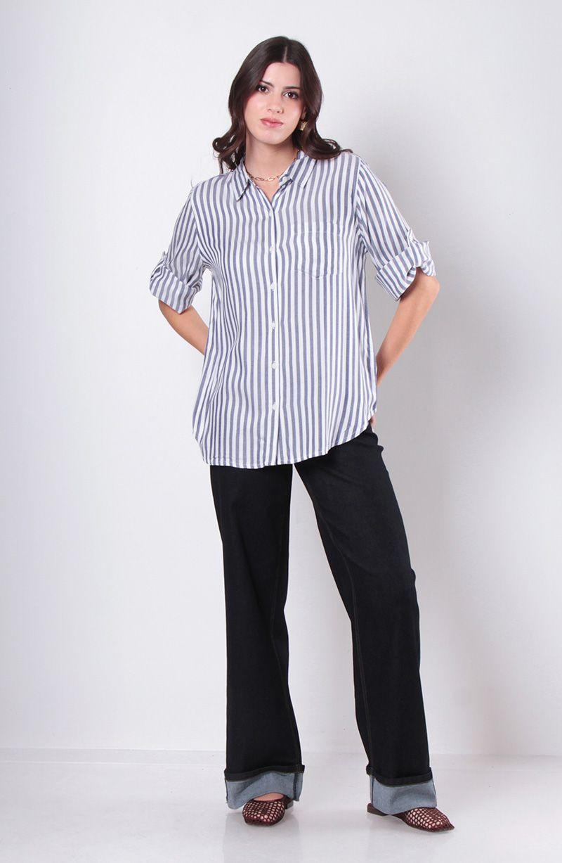 Blusa Manga Larga Listada Abotonada En Delantero Con Bolsillo-4