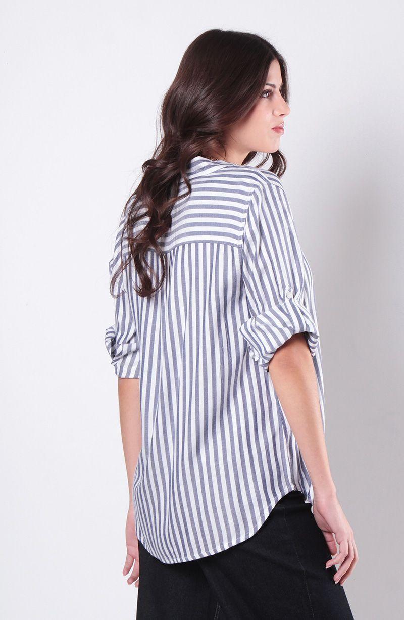 Blusa Manga 3/4 Listada Abotonada En Delantero Con Bolsillo-2