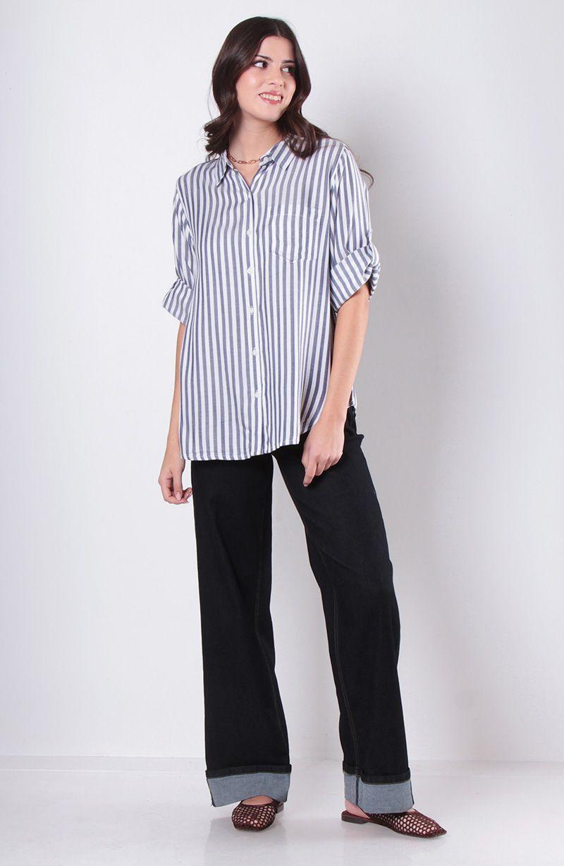 Blusa Manga 3/4 Listada Abotonada En Delantero Con Bolsillo-7