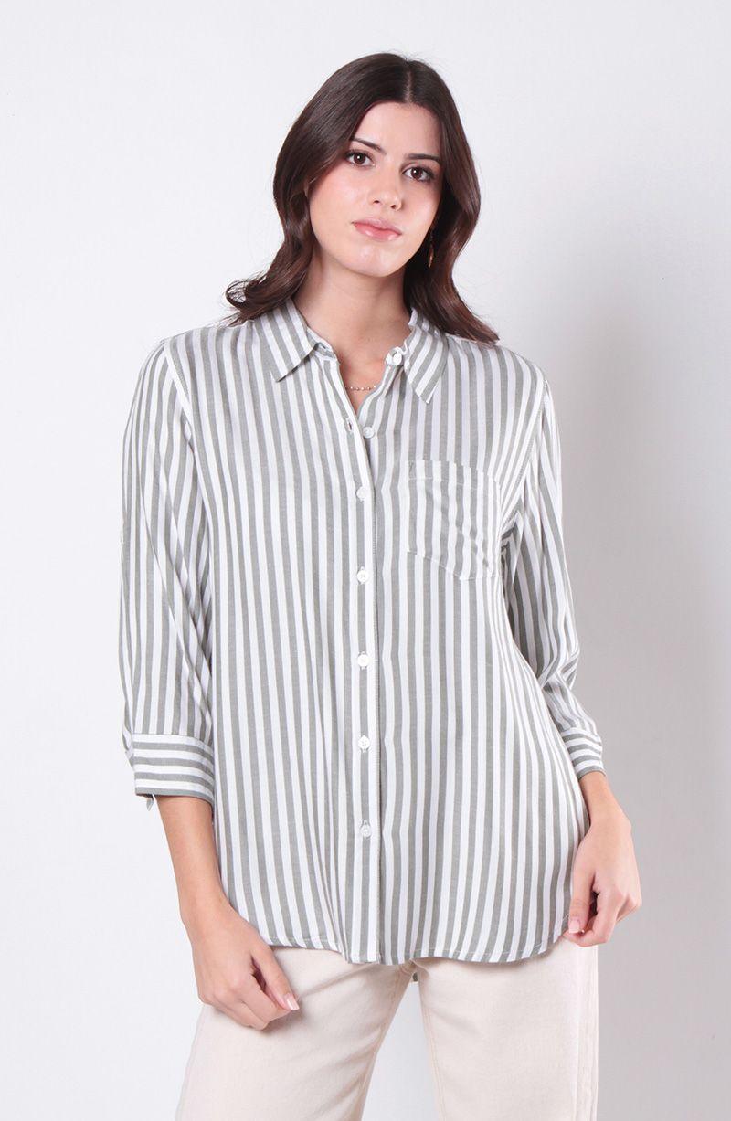 Blusa Manga Larga Listada Abotonada En Delantero Con Bolsillo-0