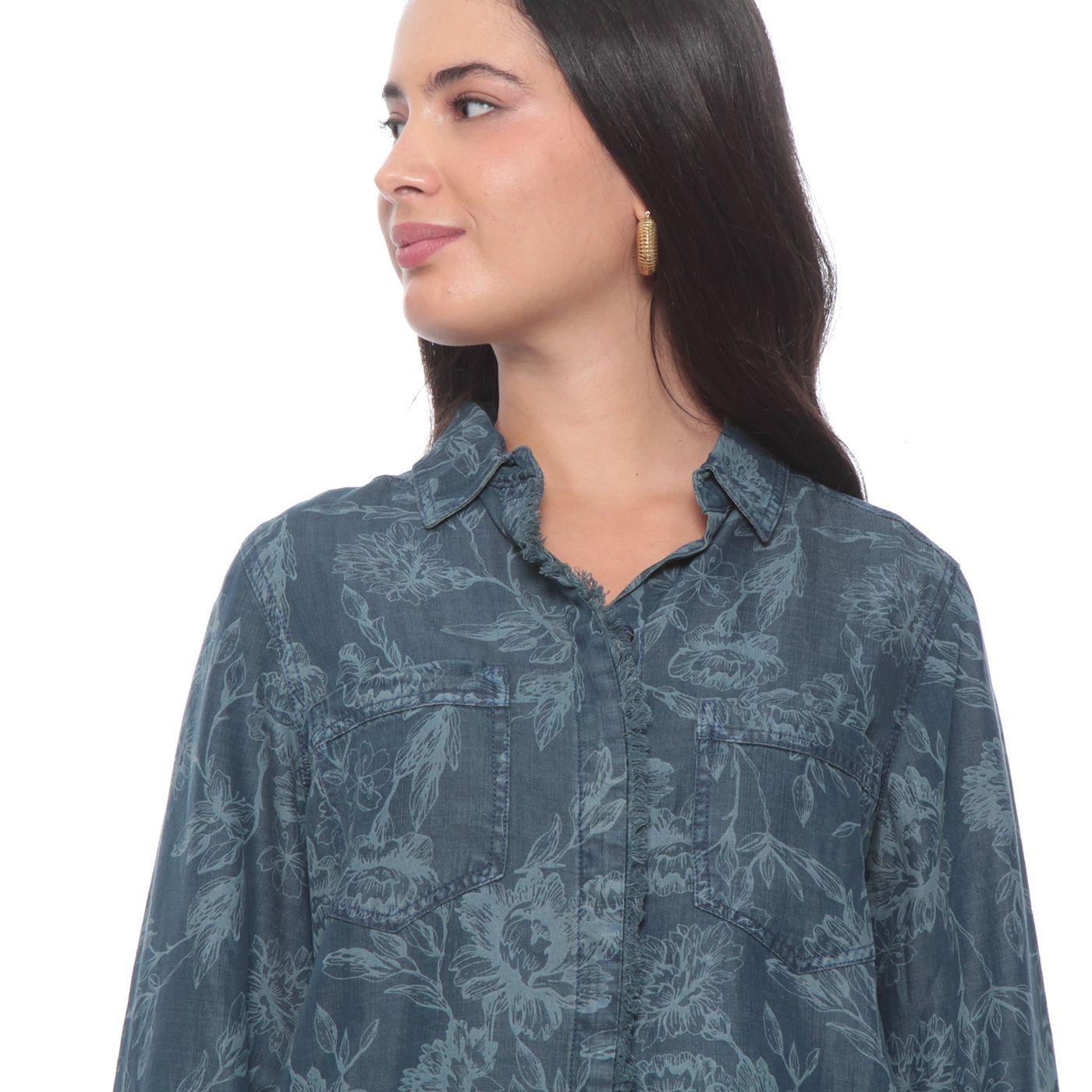 Blusa Denim Manga Larga  Estampado Abotonada En Delantero-3