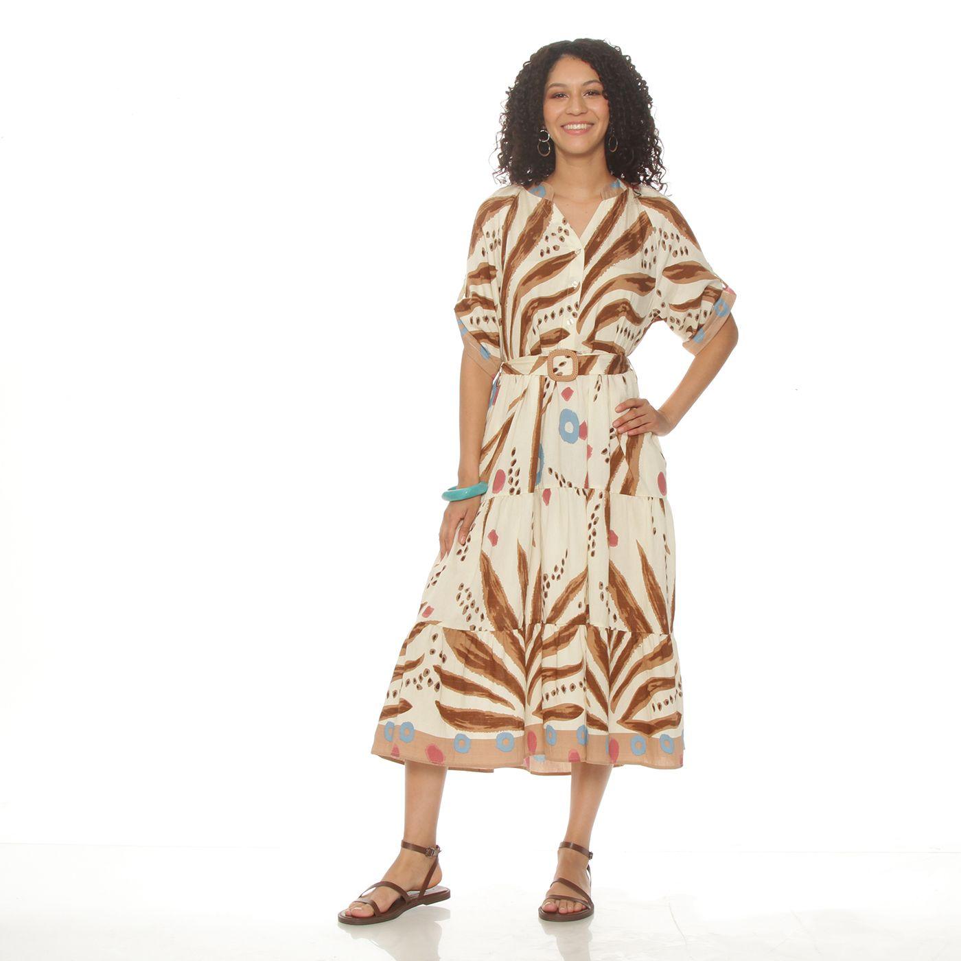 Vestido Manga Corta Estampado   Escote V Con Cinturon-2