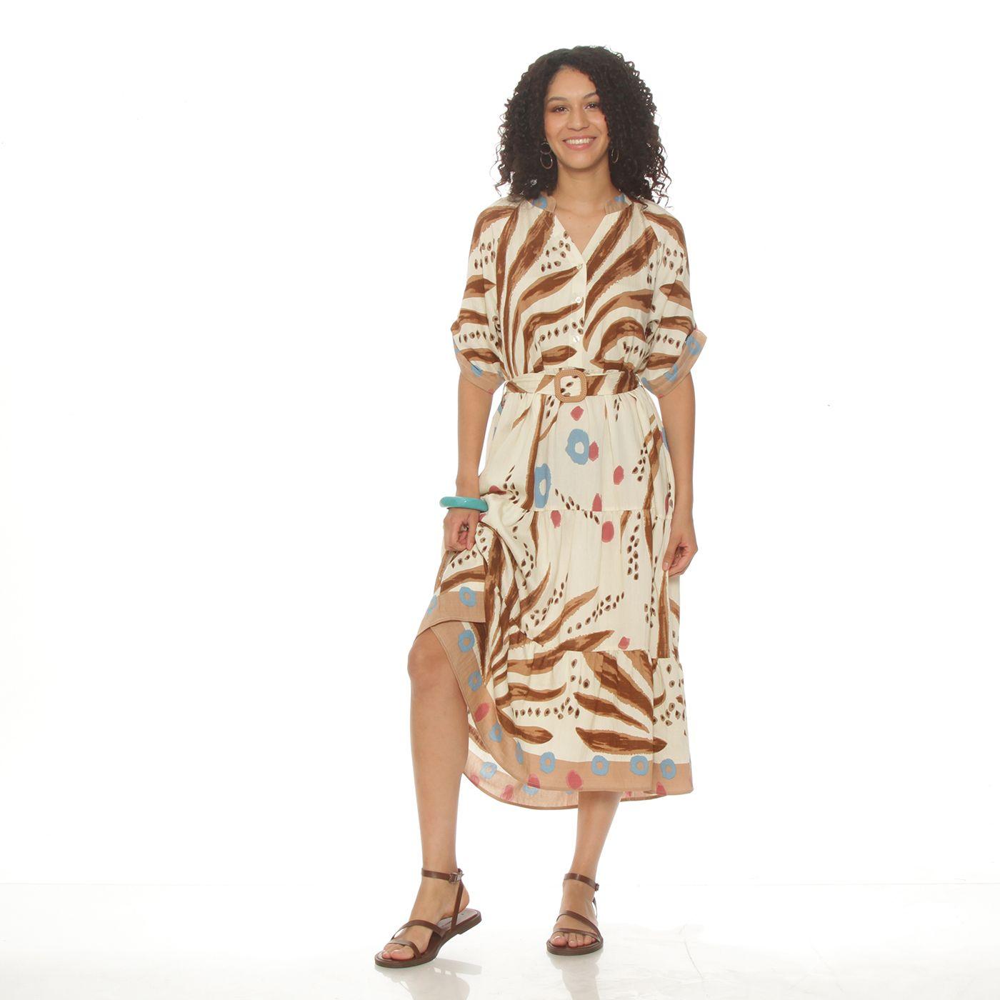 Vestido Manga Corta Estampado   Escote V Con Cinturon-3