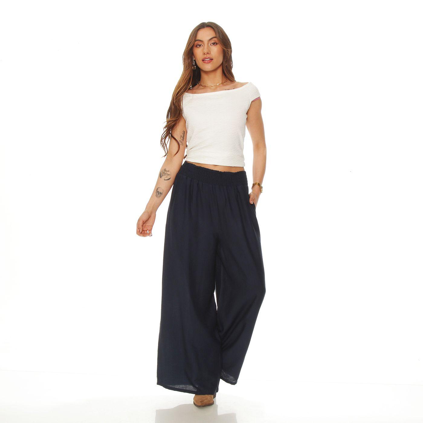 Pantalon Wide Leg Tiro Alto Pretina Ancha Elasticada-2