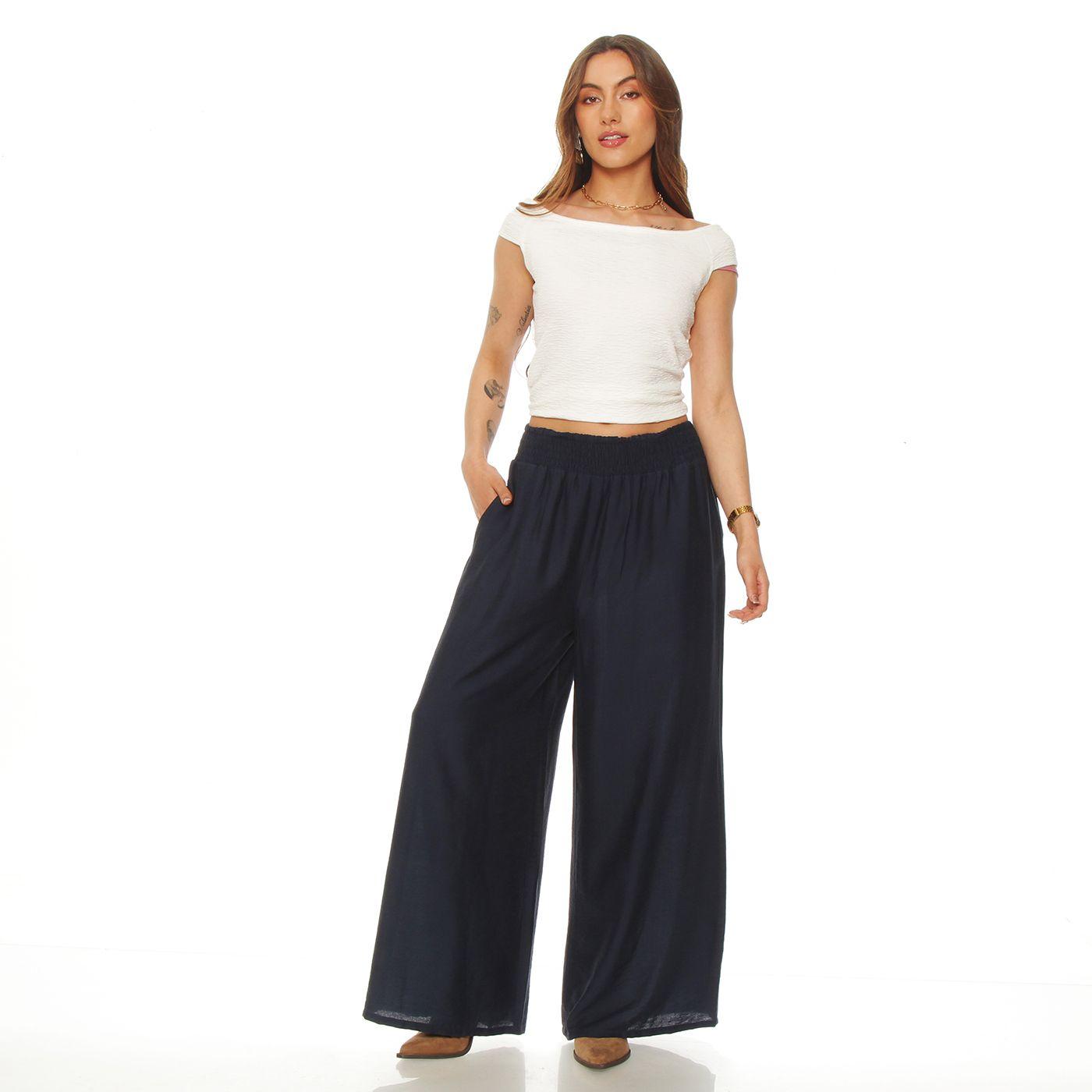 Pantalon Wide Leg Tiro Alto Pretina Ancha Elasticada-3