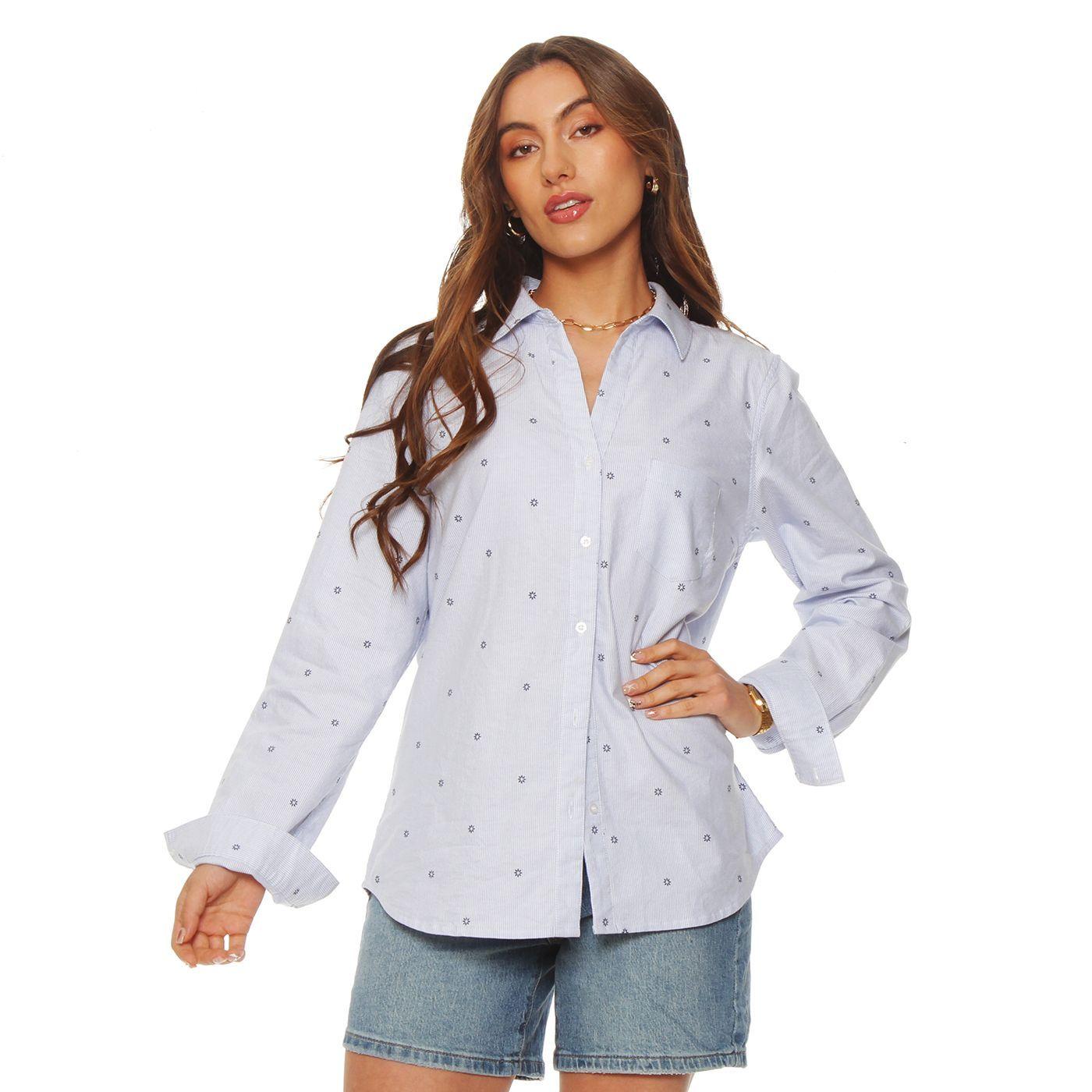 Blusa Manga Larga Listada   Abotonada En Delantero-0