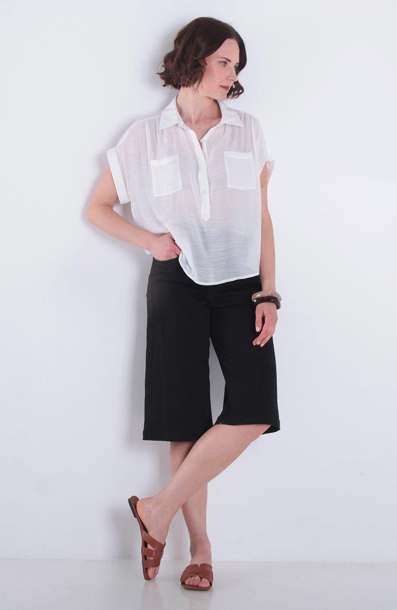 Blusa Manga Corta Abotonada En Delantero Con Bolsillos-4