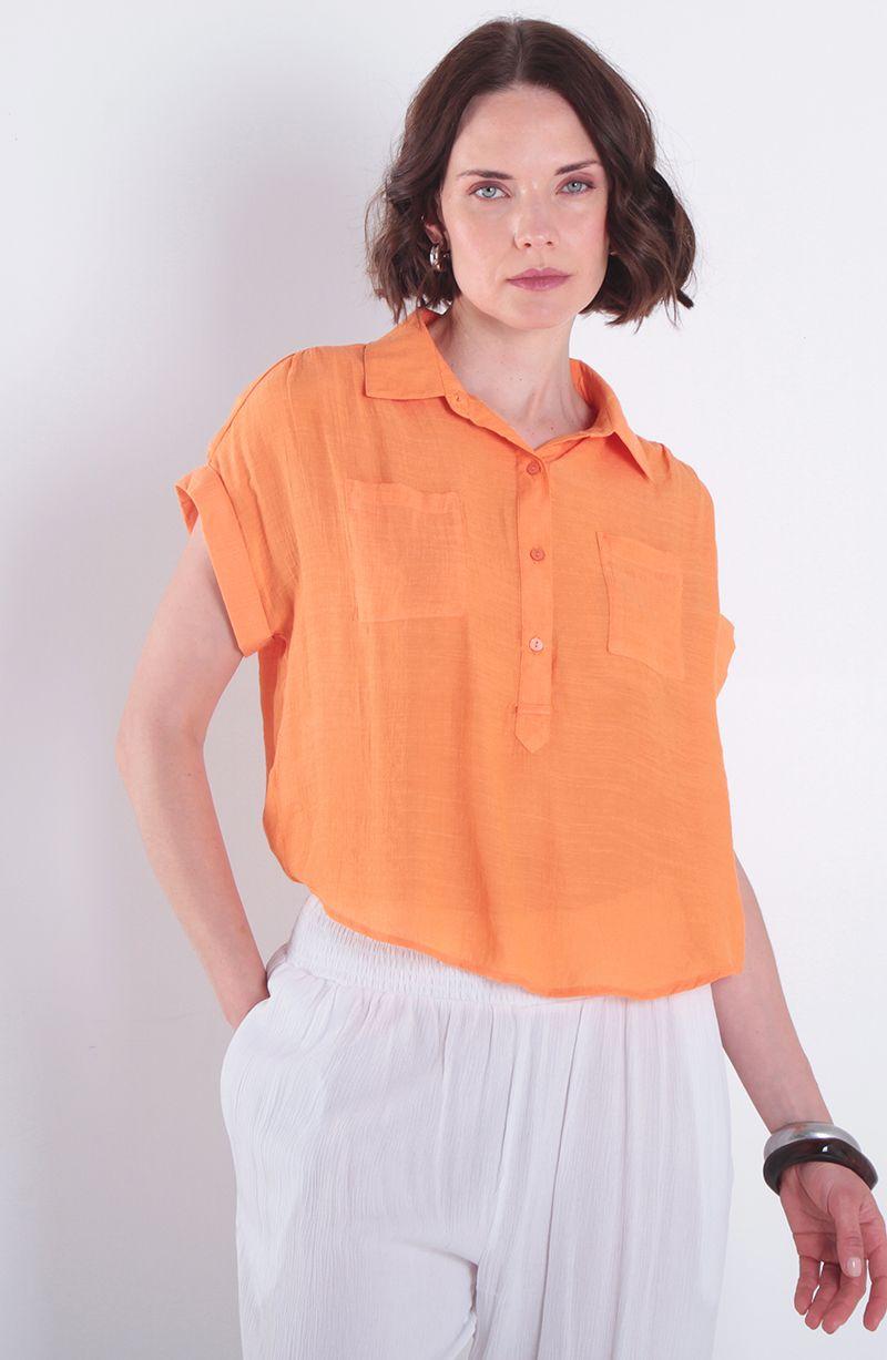Blusa Manga Corta Abotonada En Delantero Con Bolsillos-0