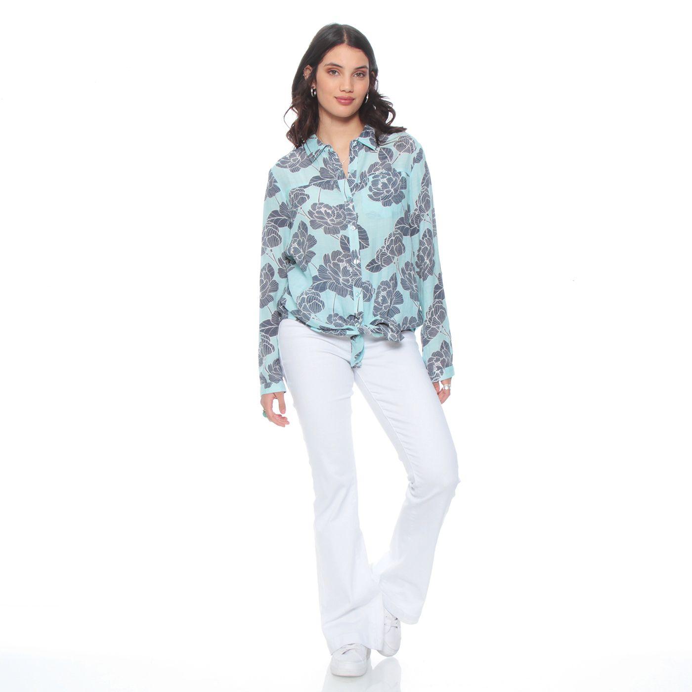 Blusa Manga Larga  Estampada Abotonada En Delantero-2