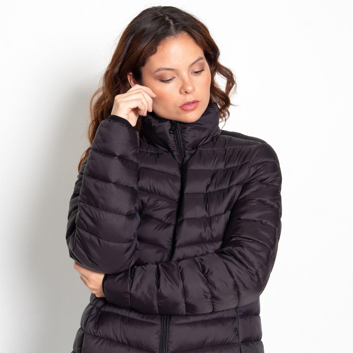 Parka Manga Larga Solida Con Cierre En Delantero Y Bolsillos-3