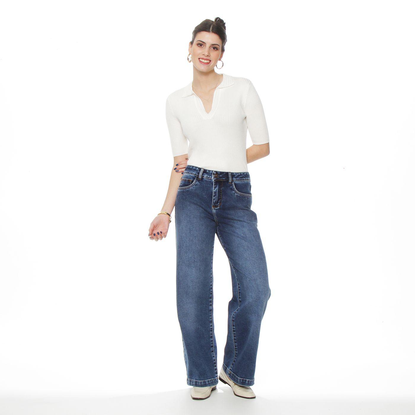 Jeans Wide Leg Tiro  Alto  Pretina Basica 1 Boton-4