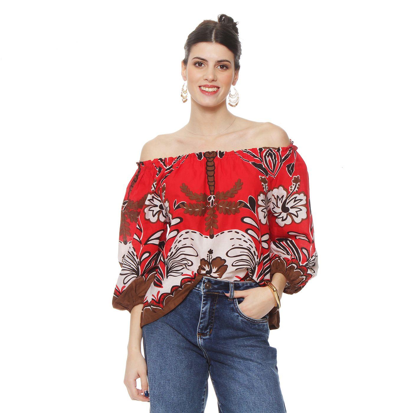 Blusa Manga 3/4 Estampadacon Escote Elasticado-2