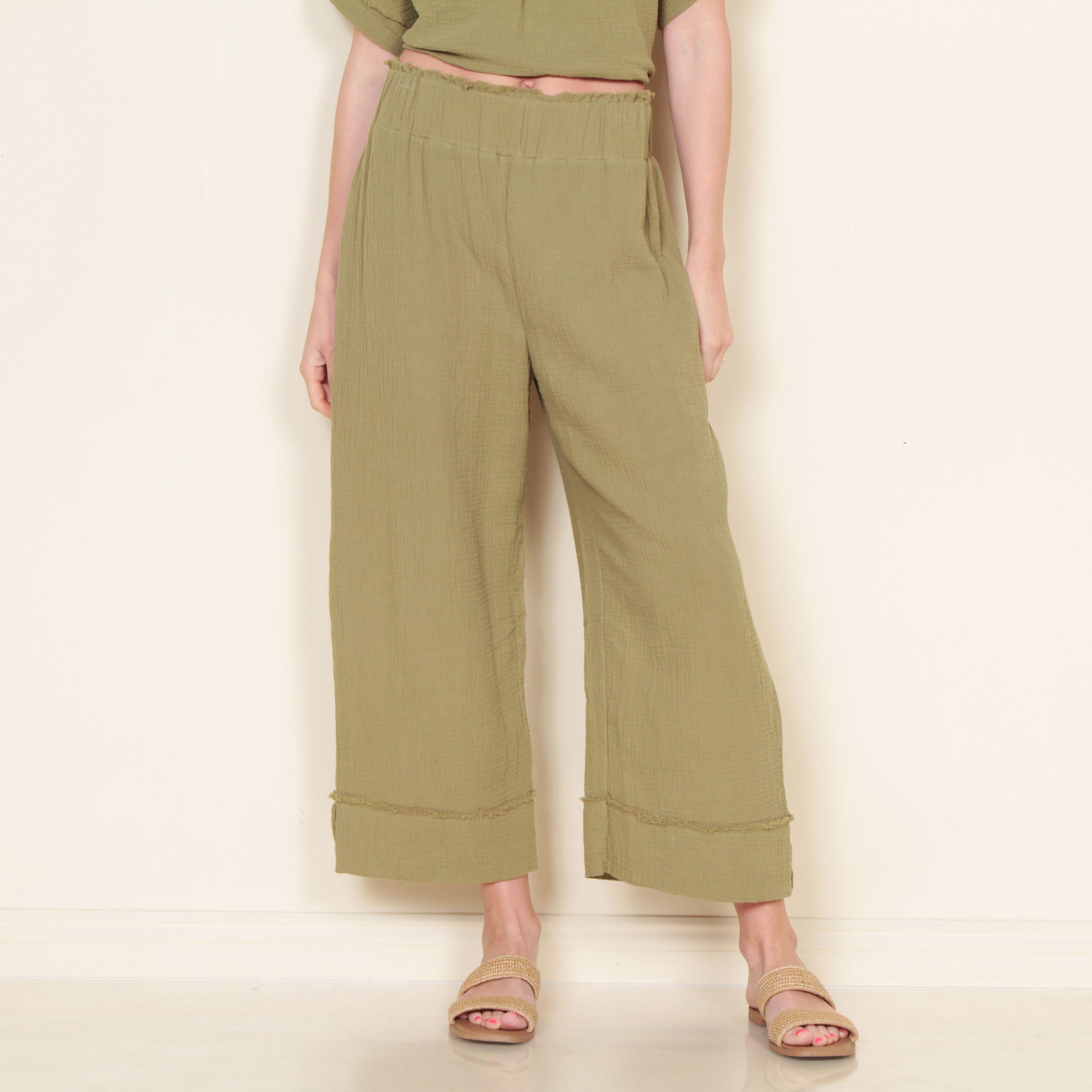 Pantalon Wide Leg Solido Con Pretina Elasticada-0