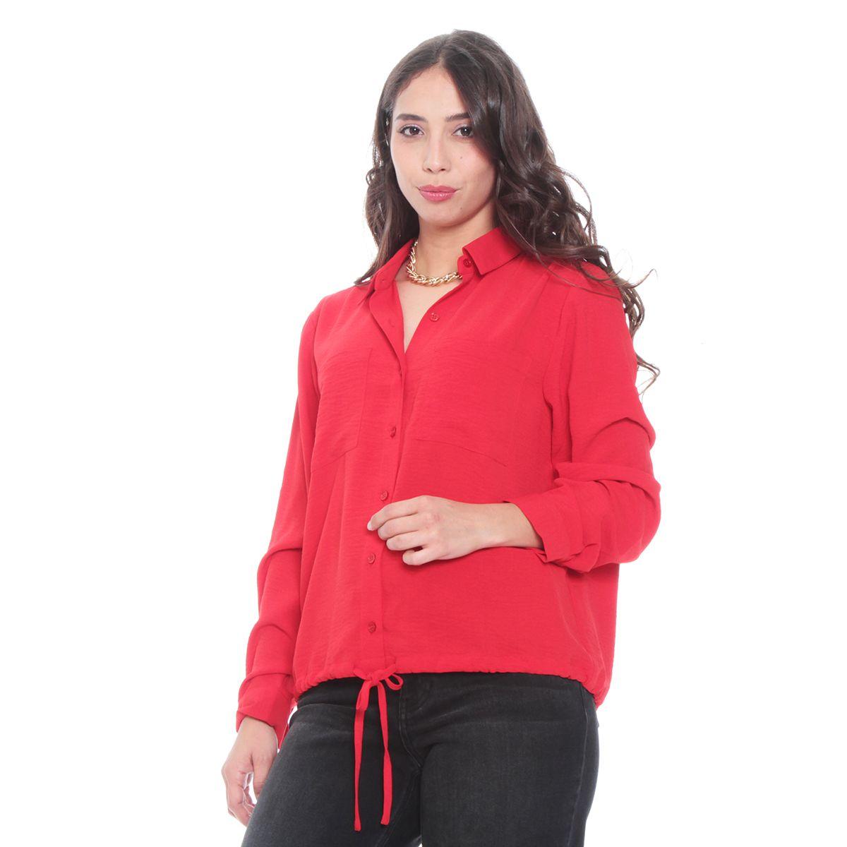 Blusa Manga Larga Solida Con Cintura Ajustable Y Bolsillos-0