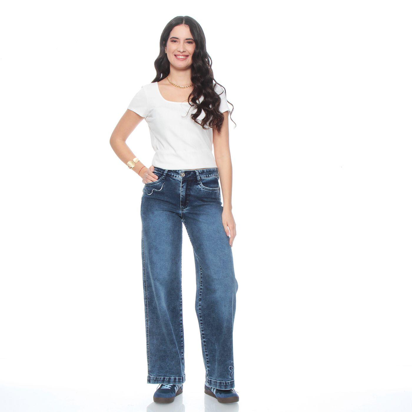 Jeans Wide Leg Tiro Alto Bordado Pretina 1 Basica  Boton-4