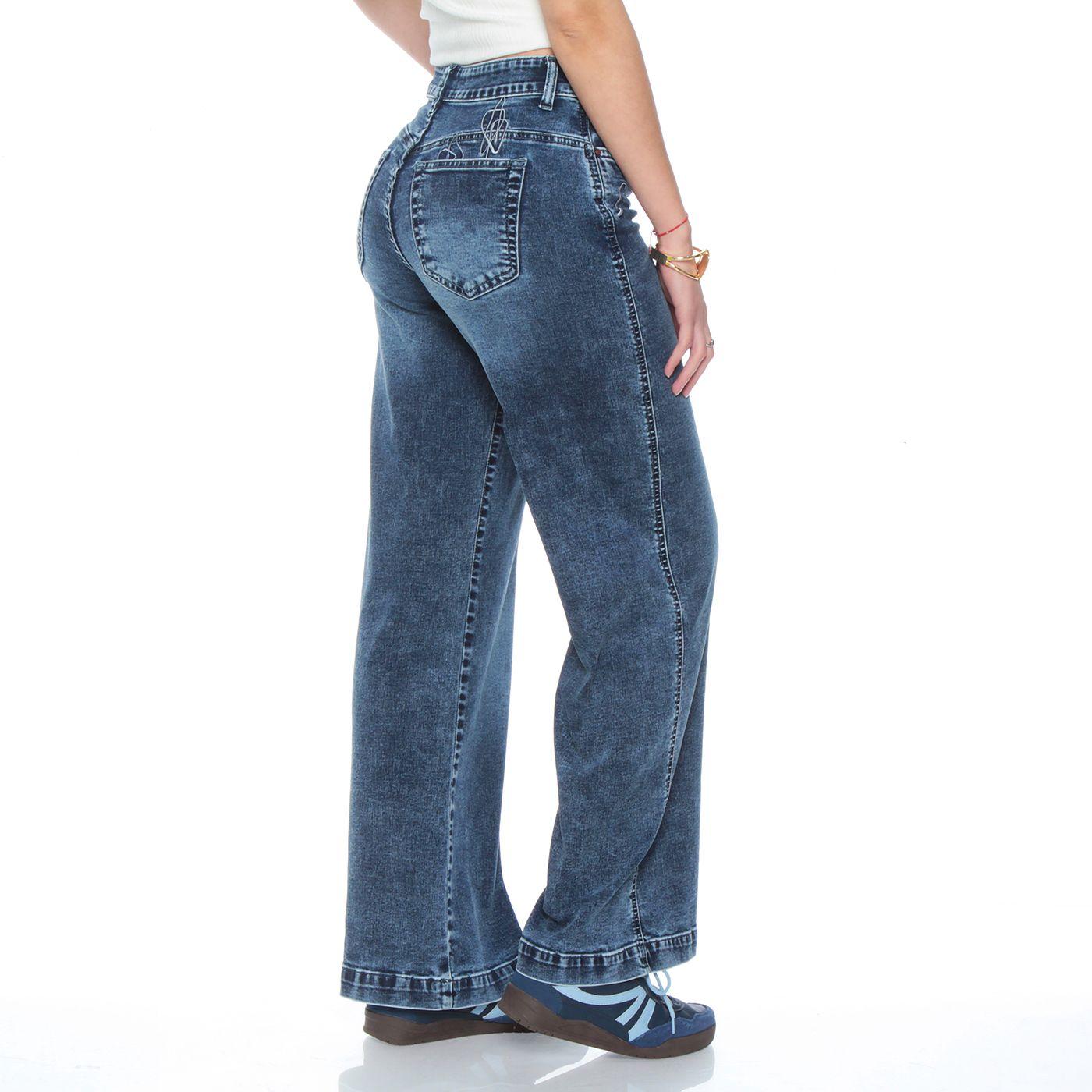 Jeans Wide Leg Tiro Alto Bordado Pretina 1 Basica  Boton-5