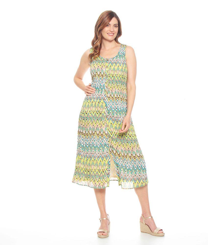 Vestido Largo Plisado Estampado Sin Manga Abotonado-0