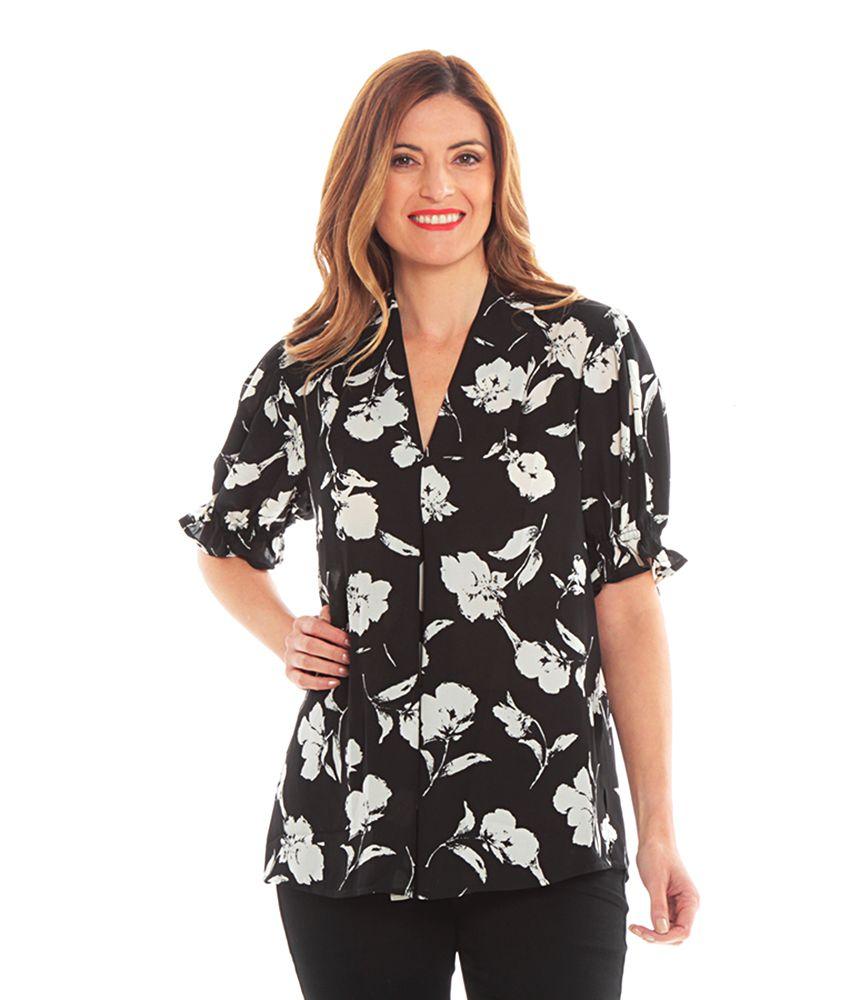 Blusa Manga Corta Elasticada Estampada Escote V Con Detalle-0