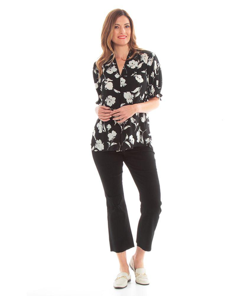 Blusa Manga Corta Elasticada Estampada Escote V Con Detalle-1