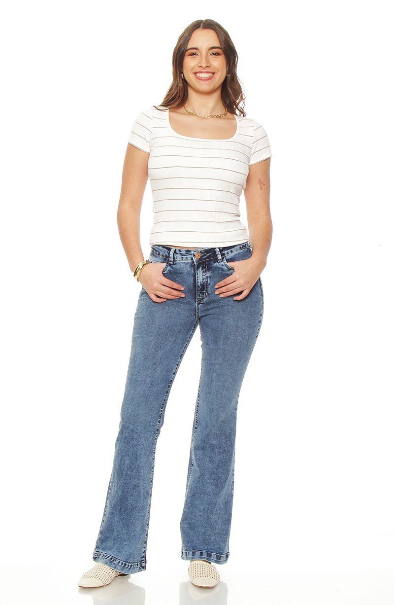 Jeans Flare Tiro Alto Pretina Basica  Un Boton Push Up-1