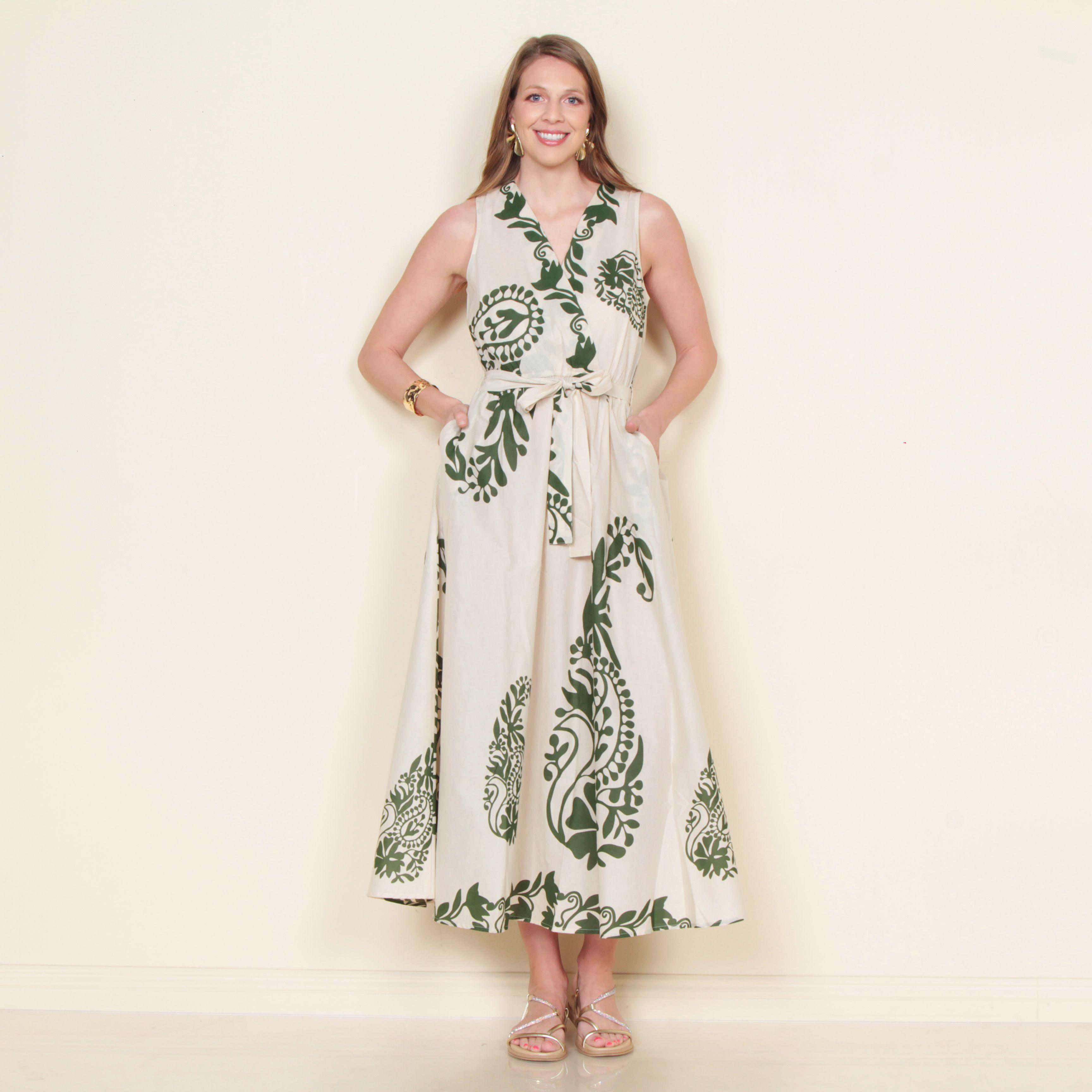 Vestido Sin Manga Estampado Escote V Y Lazo En Cintura-0