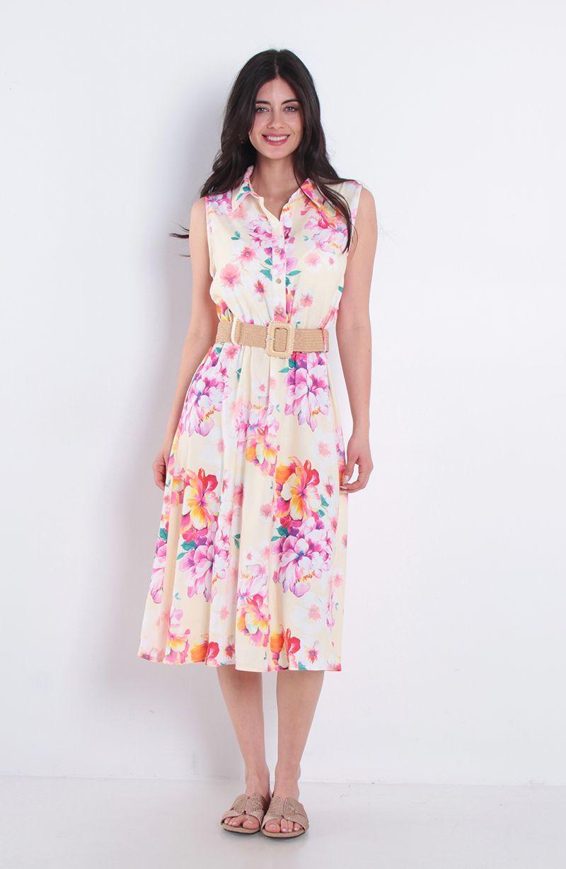 Vestido Estampado Sin Manga Abotonado Con Cinturon-0