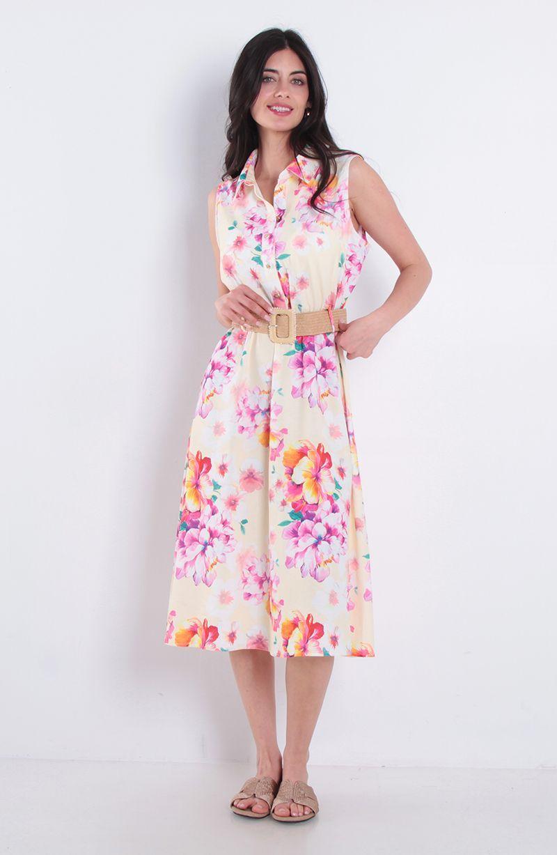 Vestido Estampado Sin Manga Abotonado Con Cinturon-3