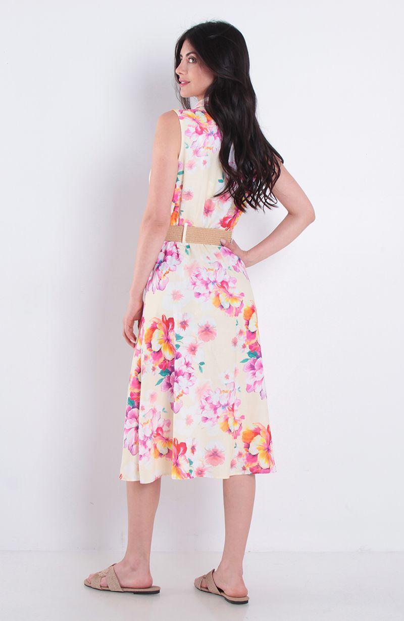 Vestido Estampado Sin Manga Abotonado Con Cinturon-4
