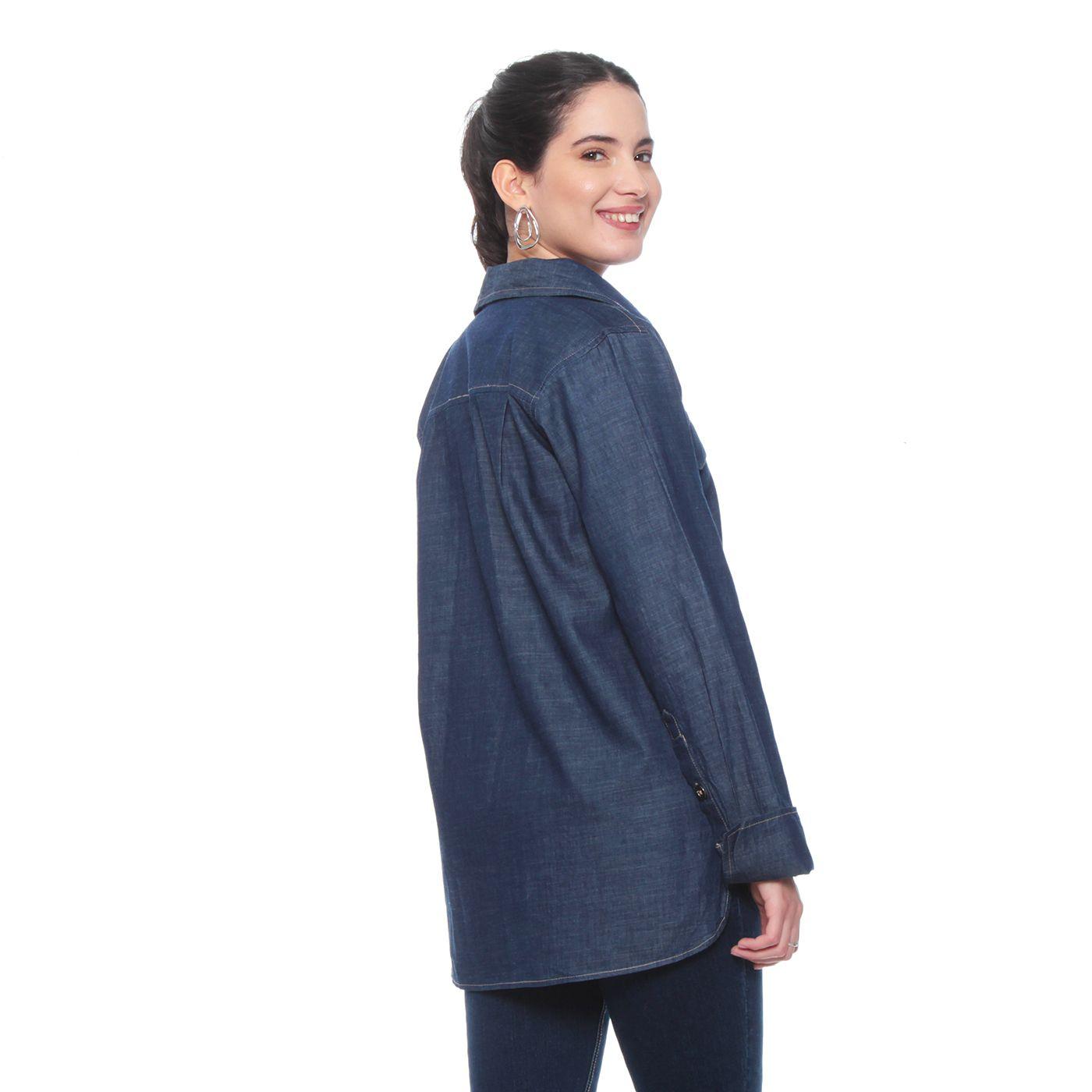 Blusa Manga Larga Denim Abotonada En Delantero Con Bolsillo-4