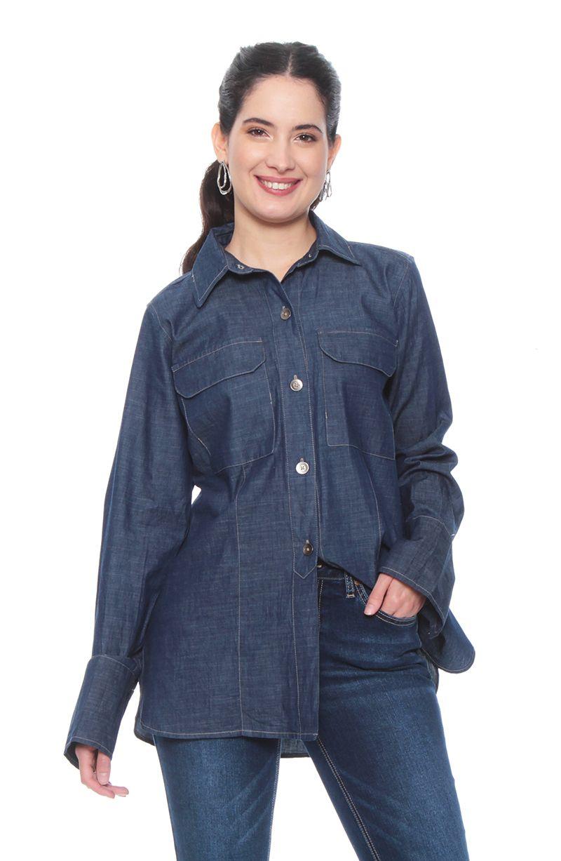 Blusa Manga Larga Denim Abotonada En Delantero Con Bolsillo-0