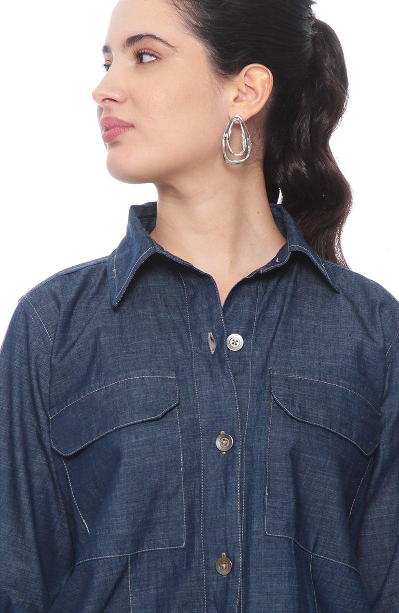 Blusa Manga Larga Denim Abotonada En Delantero Con Bolsillo-1