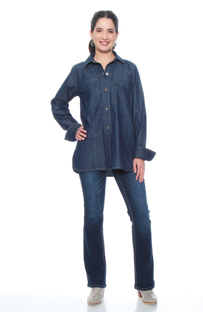 Blusa Manga Larga Denim Abotonada En Delantero Con Bolsillo-2
