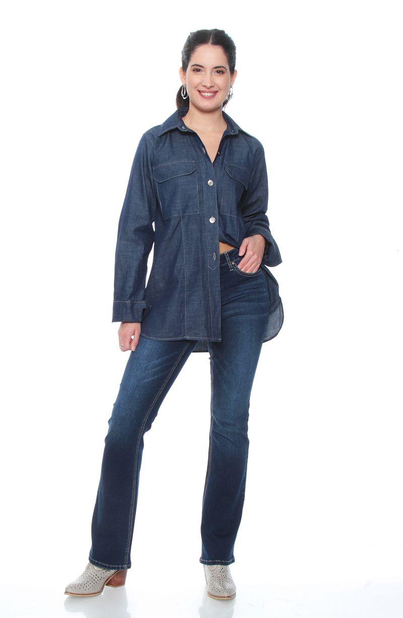 Blusa Manga Larga Denim Abotonada En Delantero Con Bolsillo-3