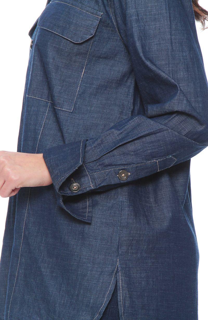 Blusa Manga Larga Denim Abotonada En Delantero Con Bolsillo-4