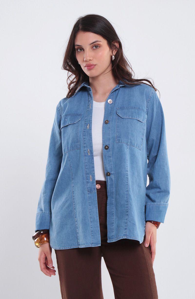 Blusa Manga Larga Denim Abotonada En Delantero Con Bolsillo-0