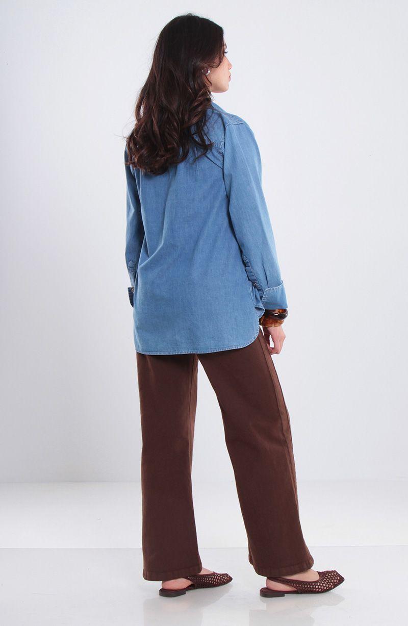 Blusa Manga Larga Denim Abotonada En Delantero Con Bolsillo-3